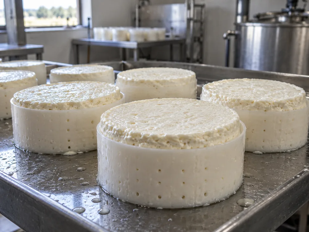 Fresh white curd in round cylindrical moulds on a steel dairy table - Idiazabal | KnowTheCheese