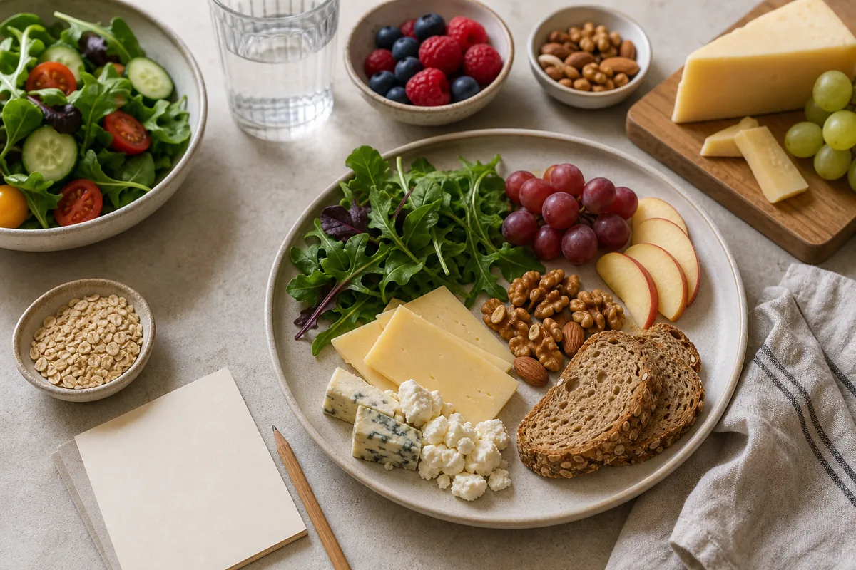 Cheese served with fruit nuts greens and whole-grain bread - Is cheese healthy | KnowTheCheese