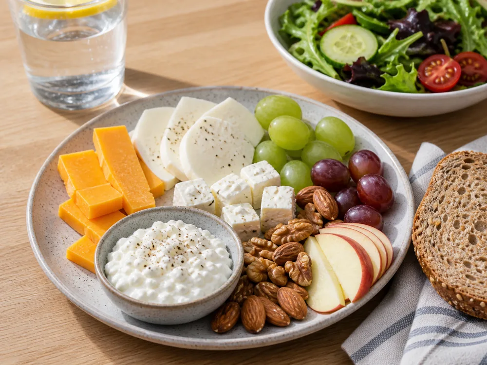 Balanced plate with cheddar-style cheese, fresh mozzarella, feta-style cubes, cottage cheese, fruit, nuts, bread, and salad