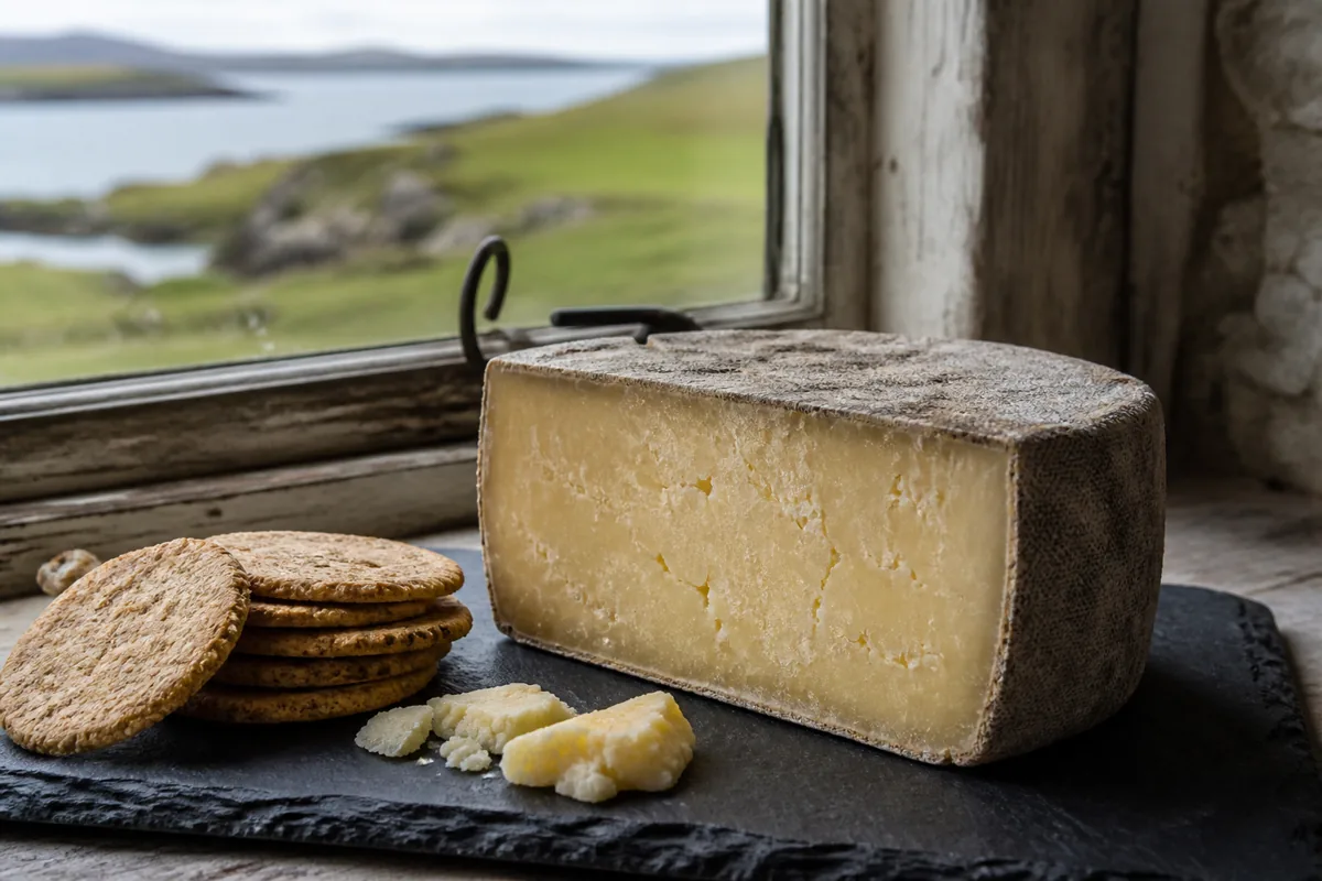 Clothbound Isle of Mull cheddar wedge beside oatcakes - Isle of Mull cheese | KnowTheCheese
