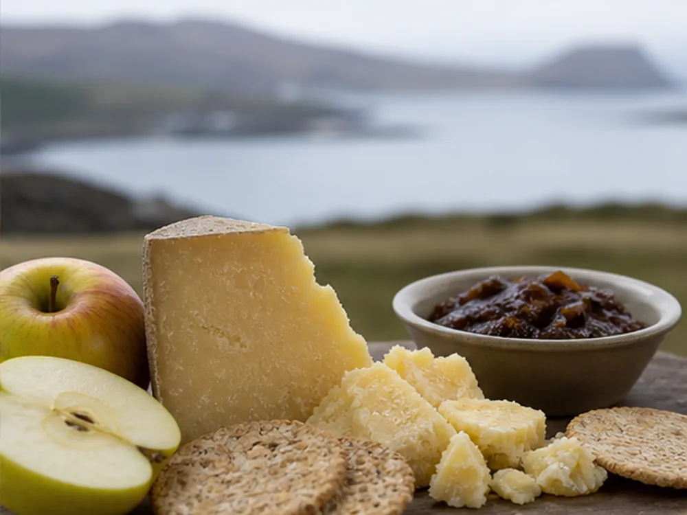 Isle of Mull cheddar with oatcakes apple and dark chutney - Isle of Mull cheese | KnowTheCheese