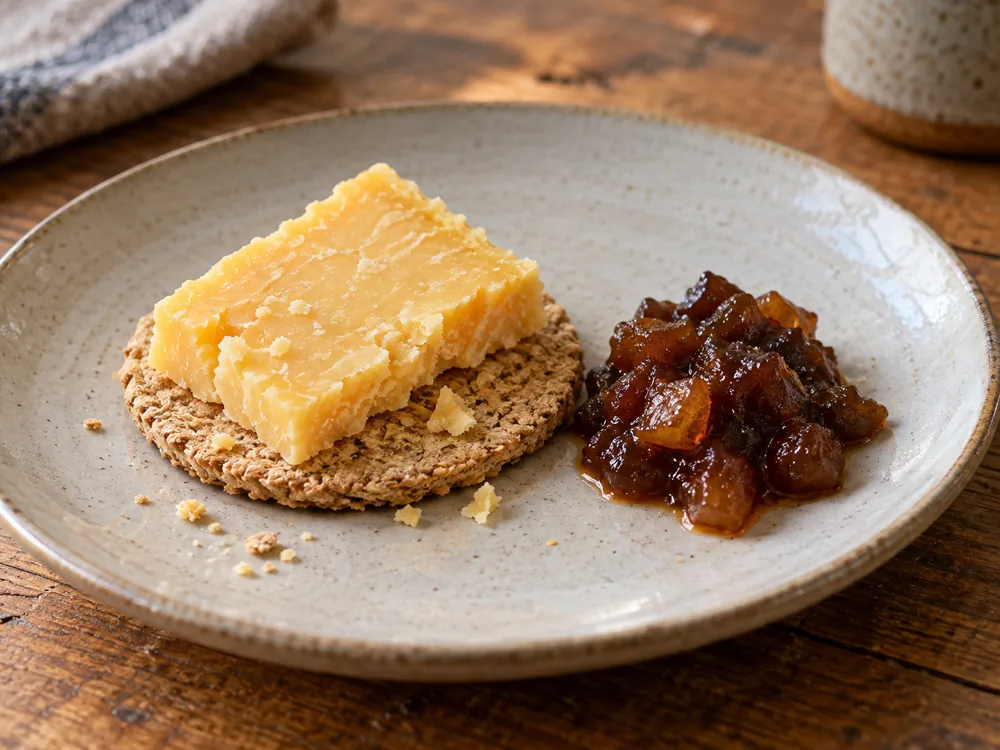 A chunk of cheddar on an oatcake beside a heap of chutney on a plate - Isle of Mull cheese | KnowTheCheese