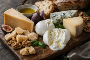 Italian cheese board with Parmigiano-style shards, mozzarella, burrata, blue cheese, and Pecorino-style wedge - Italian cheeses region guide | KnowTheCheese