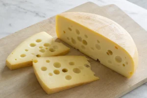 Wedge and slices of Jarlsberg showing large round holes - Jarlsberg cheese | KnowTheCheese