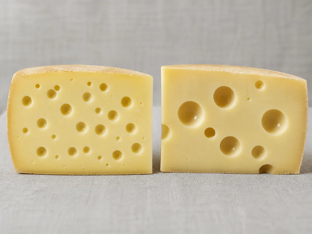 Jarlsberg and Emmental cut faces compared by eye size - Jarlsberg | KnowTheCheese