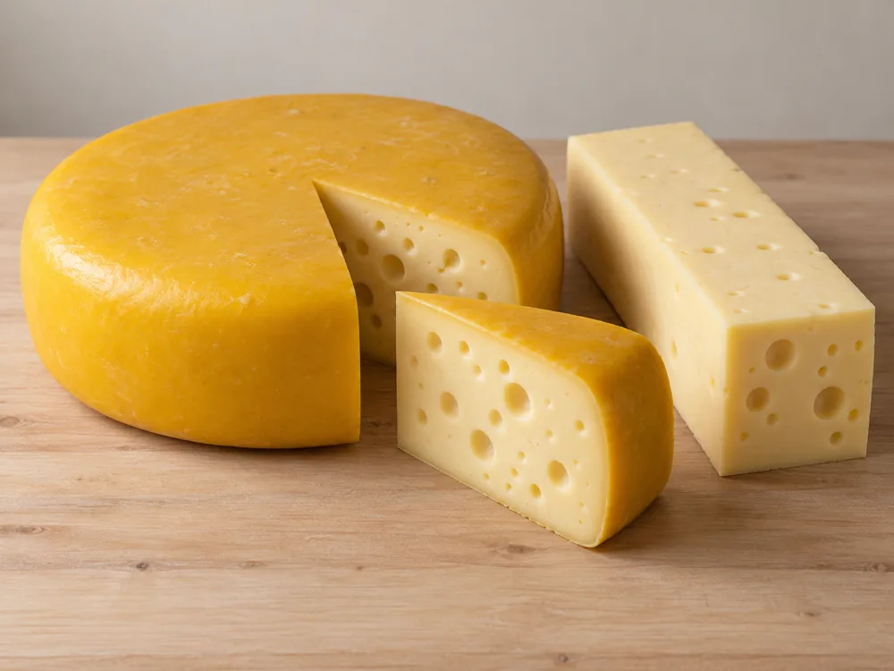 Jarlsberg wheel with a yellow wax rind, a cut wedge and a rindless block - Jarlsberg Cheese | KnowTheCheese
