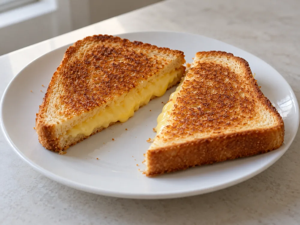 Grilled cheese sandwich cut in half with melted Jarlsberg inside - Jarlsberg Cheese | KnowTheCheese