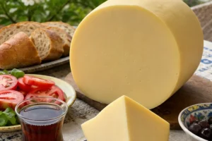 Smooth Kaşar wheel and wedge on a Turkish breakfast table - Kashar cheese | KnowTheCheese