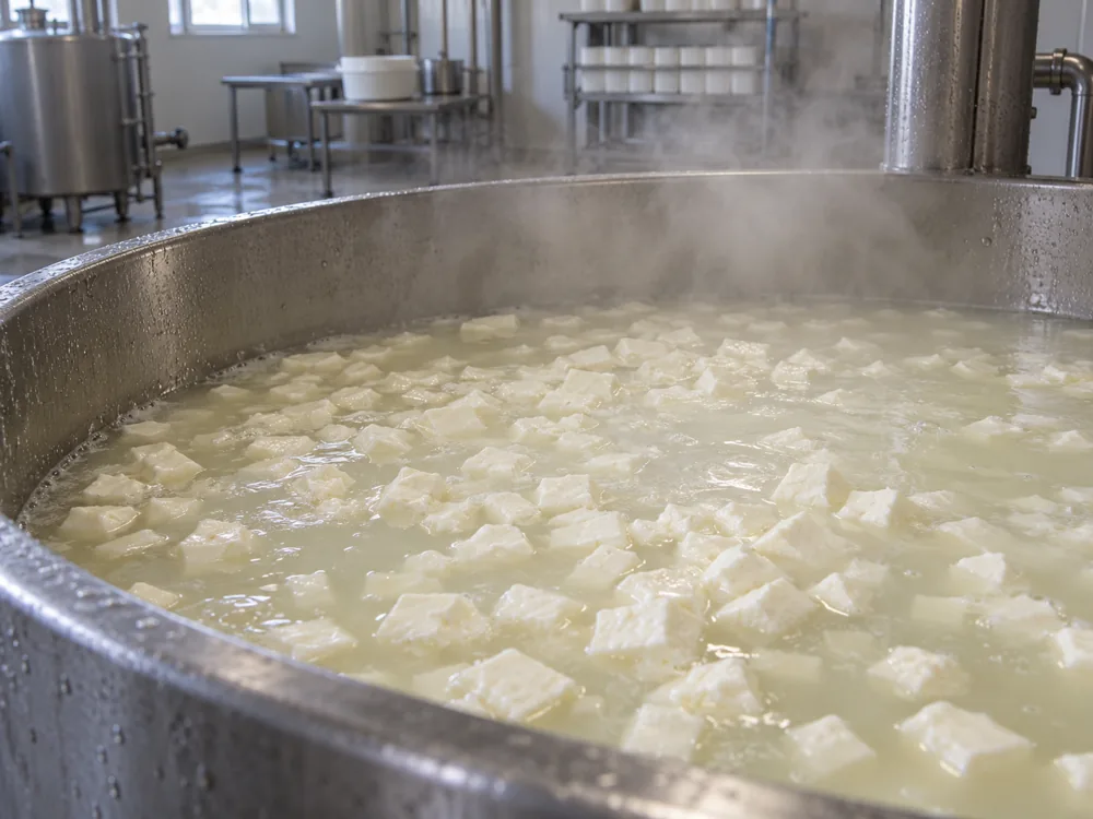 White curd cubes floating in steaming water in a stainless steel vat - Kashar cheese | KnowTheCheese