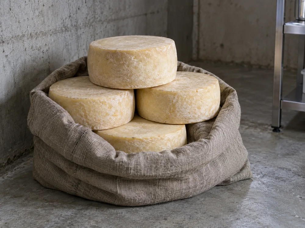 Large round pale yellow cheese wheels stacked in an open linen sack in a concrete cold room - Kashar cheese | KnowTheCheese
