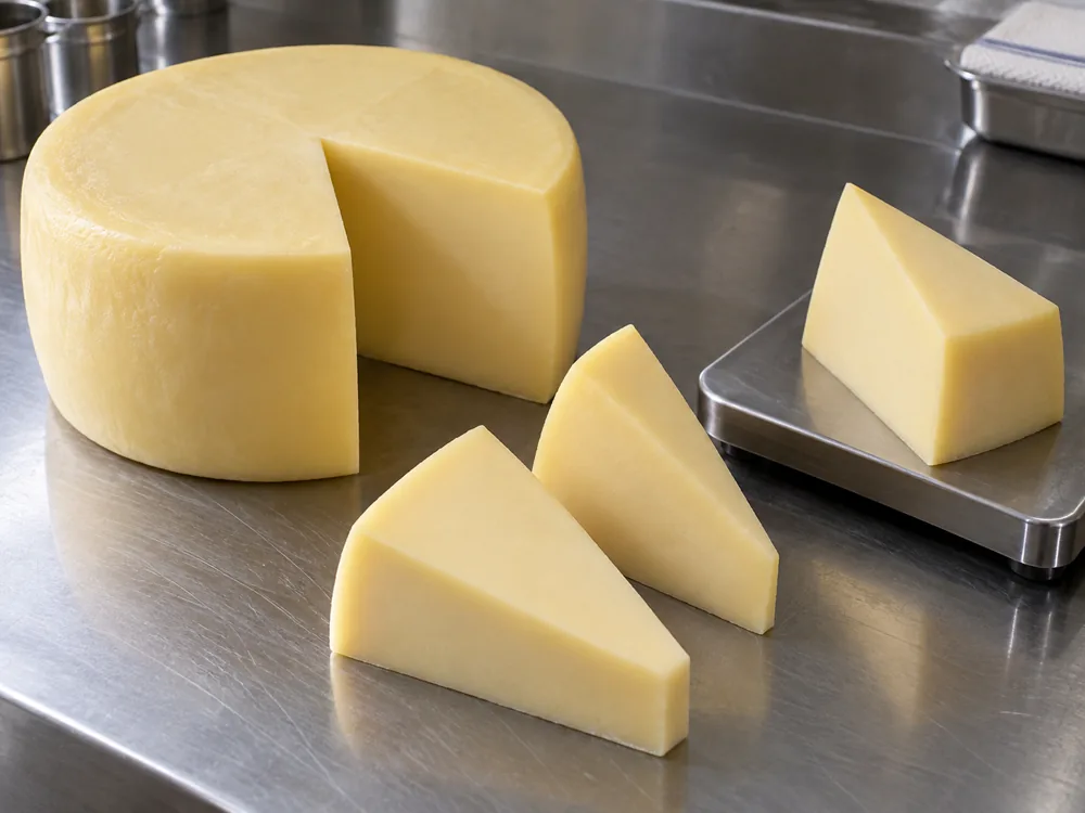 Rindless pale yellow cheese wheel with triangular wedges, one on a scale pan - Kashar cheese | KnowTheCheese