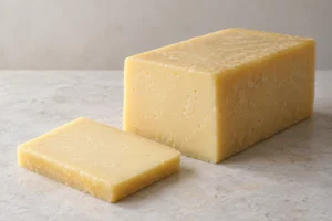 Block and cut slice of pale yellow semi-hard cheese - Kashkaval cheese | KnowTheCheese