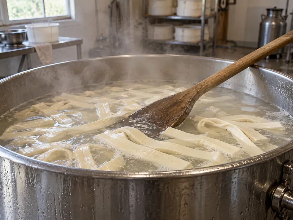 Illustration of pale curd in a vat of steaming hot water - Kashkaval cheese | KnowTheCheese