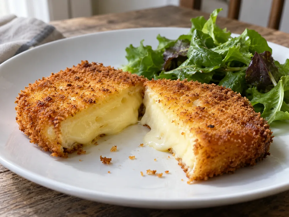 Breaded fried cheese slice cut open beside a green salad - Kashkaval cheese | KnowTheCheese