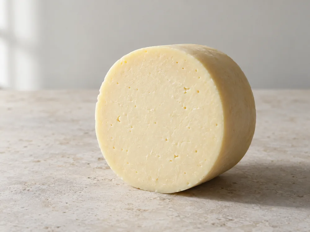 Cylinder of pale yellow cheese with a smooth cut face and a few small holes - Kashkaval cheese | KnowTheCheese