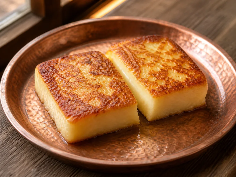 Saganaki-style Kasseri with an evenly browned face and cohesive interior - Kasseri | KnowTheCheese