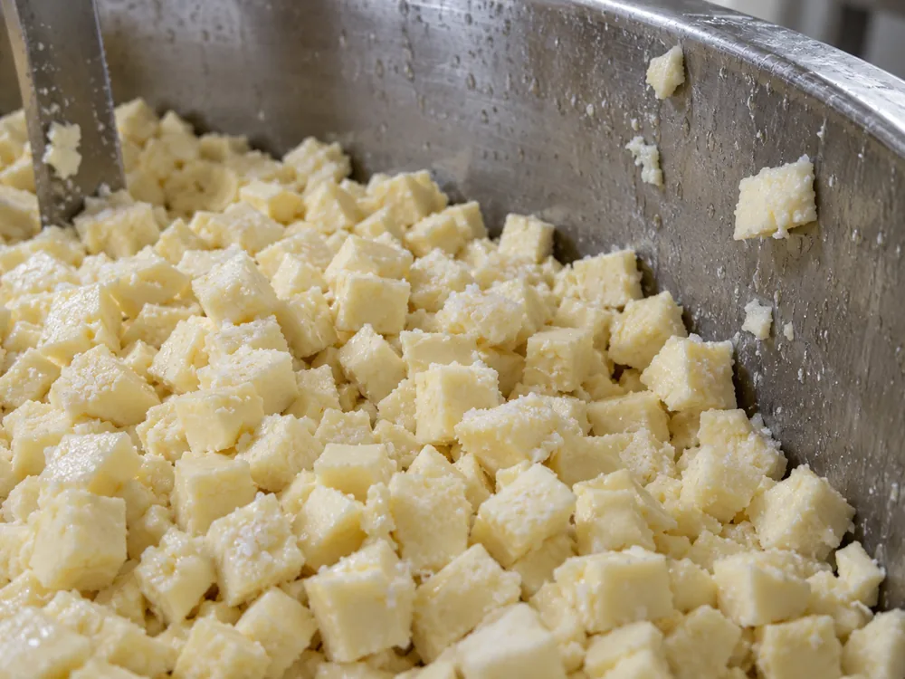 Illustration of salted, milled Cheddar curd cubes in a stainless steel vat - Keen's Cheddar | KnowTheCheese
