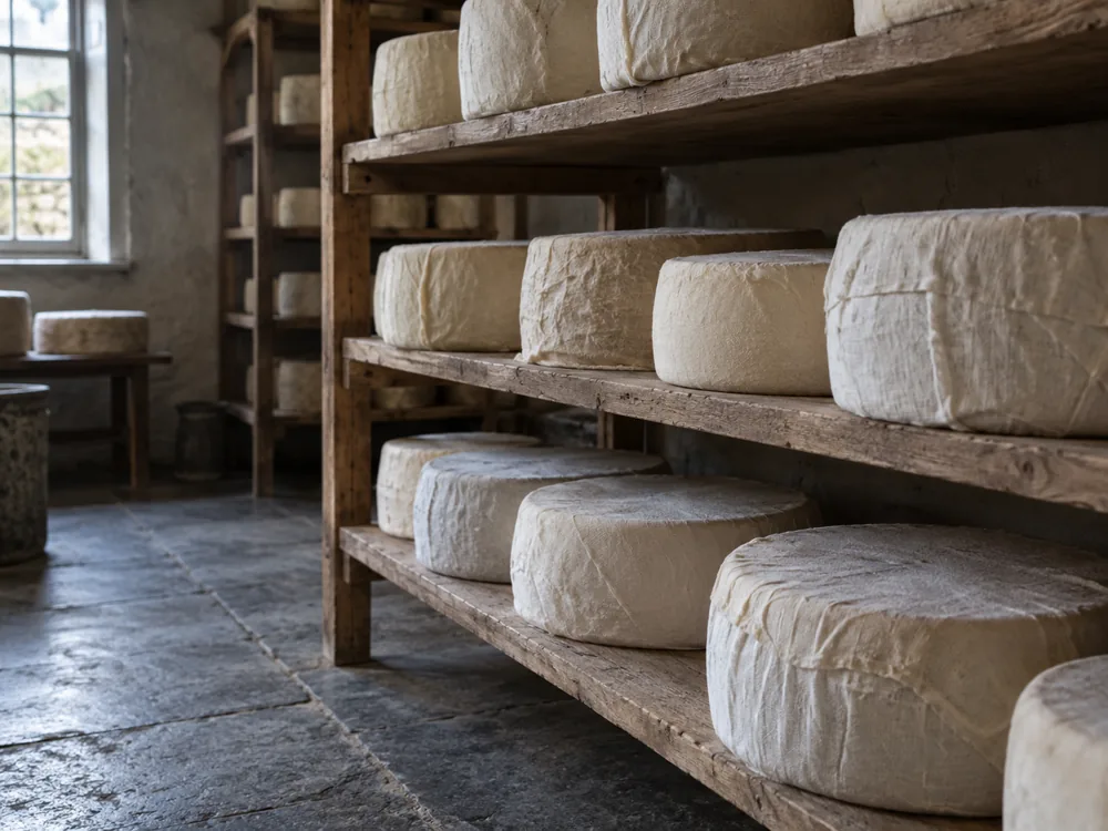 Illustration of cloth-wrapped Cheddar wheels resting on wooden shelves in a cool store - Keen's Cheddar | KnowTheCheese