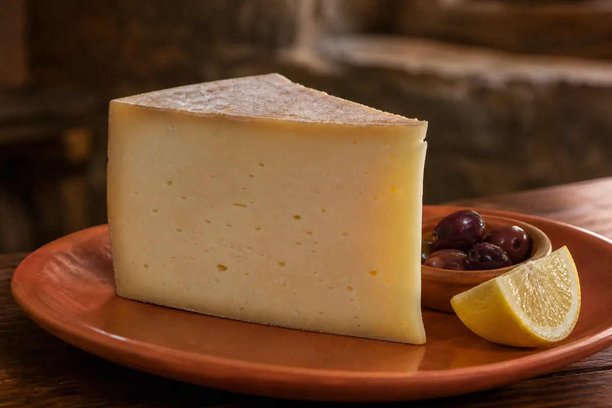 Wedge of Kefalograviera with firm pale-golden paste and hard rind - Kefalograviera cheese | KnowTheCheese