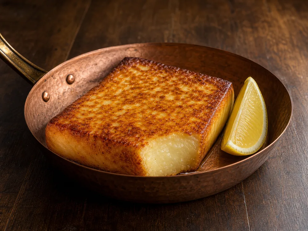 Browned Kefalograviera saganaki slab with a lemon wedge - Kefalograviera | KnowTheCheese