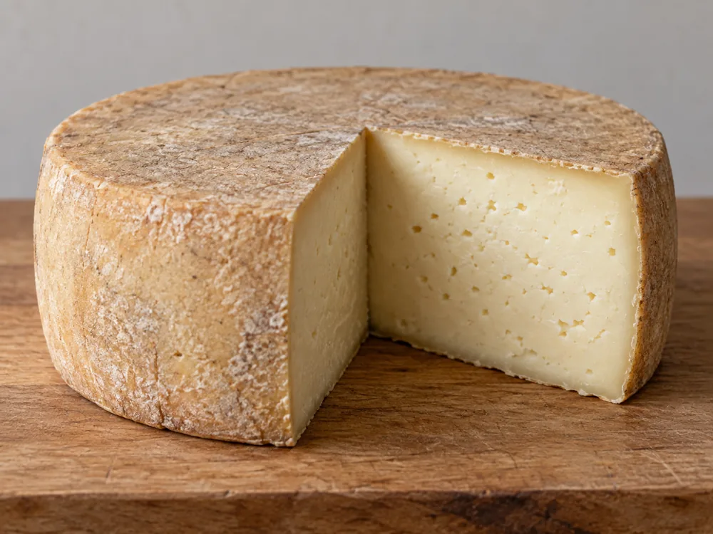 Kefalograviera wheel with a light-brown rind and a pale cut face with small scattered holes - Kefalograviera | KnowTheCheese