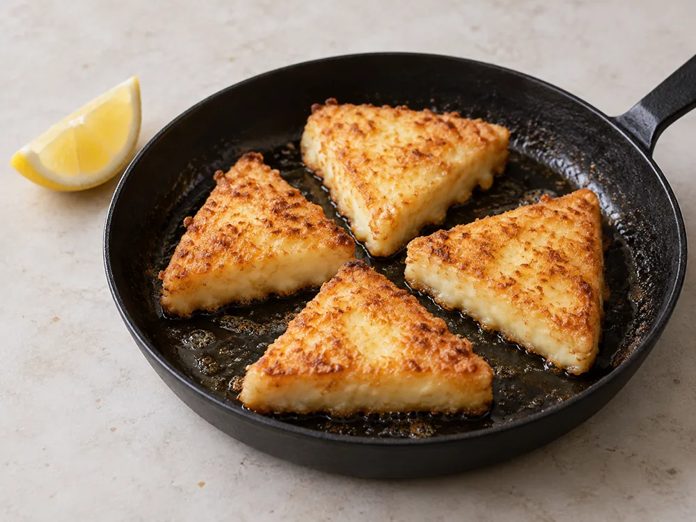 Floured triangles of Kefalograviera fried golden in a small pan beside a lemon wedge - Kefalograviera | KnowTheCheese