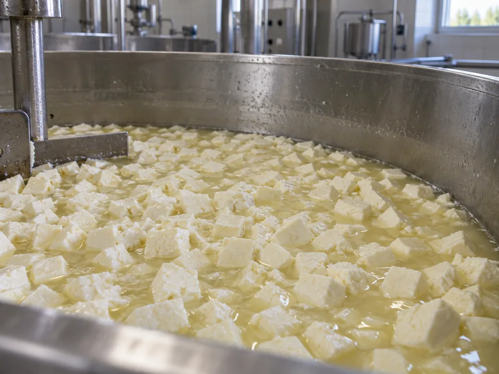 Pale curd cut into small cubes floating in whey inside a stainless steel cheese vat - Kefalograviera | KnowTheCheese