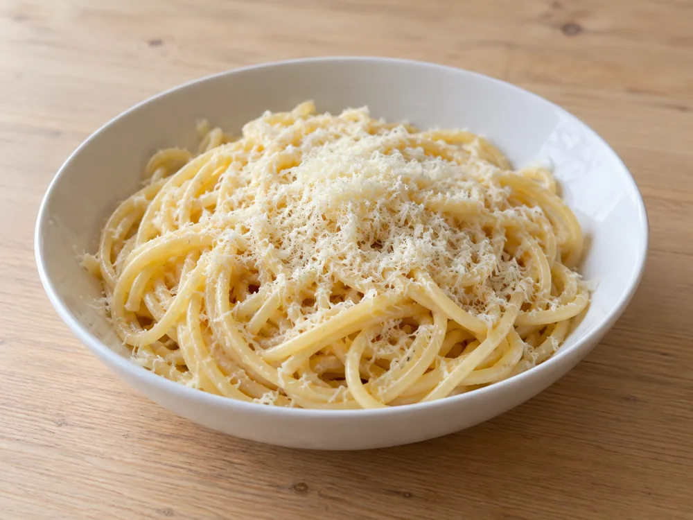 Bowl of pasta topped with finely grated pale hard cheese - Kefalograviera | KnowTheCheese