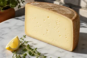 Wedge of hard pale Kefalotyri with small holes - Kefalotyri cheese | KnowTheCheese