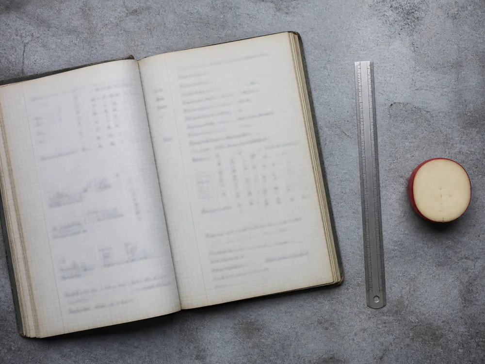 Dairy research notes beside a washed-rind cheese cross-section - Kernhem | KnowTheCheese