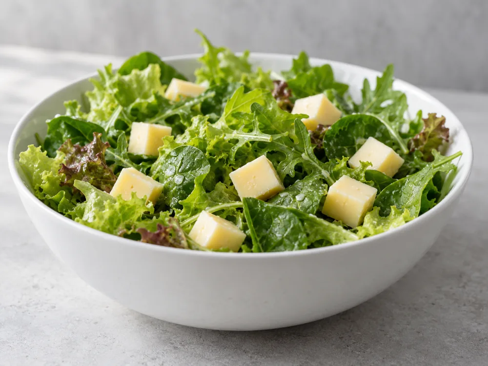Pale yellow cheese cubes on mixed green salad leaves in a white bowl - Kernhem | KnowTheCheese