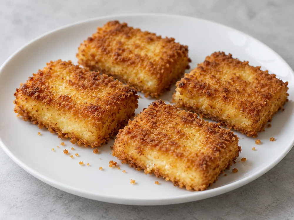 Four rectangular pieces of golden breaded fried cheese on a white plate - Kernhem | KnowTheCheese