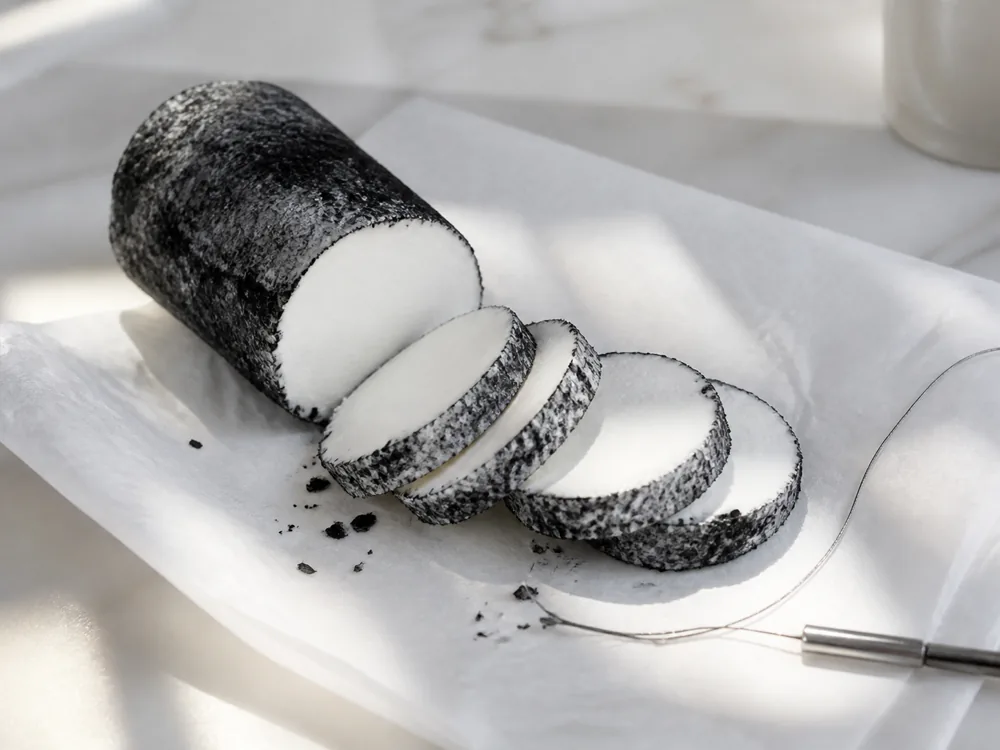Clean rounds cut from an ash-coated goat cheese log - Kidderton Ash | KnowTheCheese