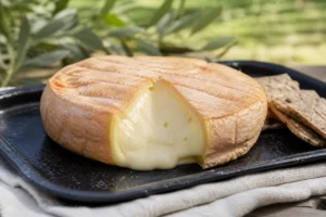 Golden washed-rind cheese wheel with a soft pale interior - King River Gold | KnowTheCheese