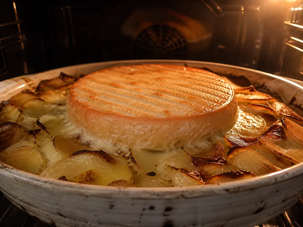 Halved washed-rind cheese melting over a potato bake - King River Gold | KnowTheCheese