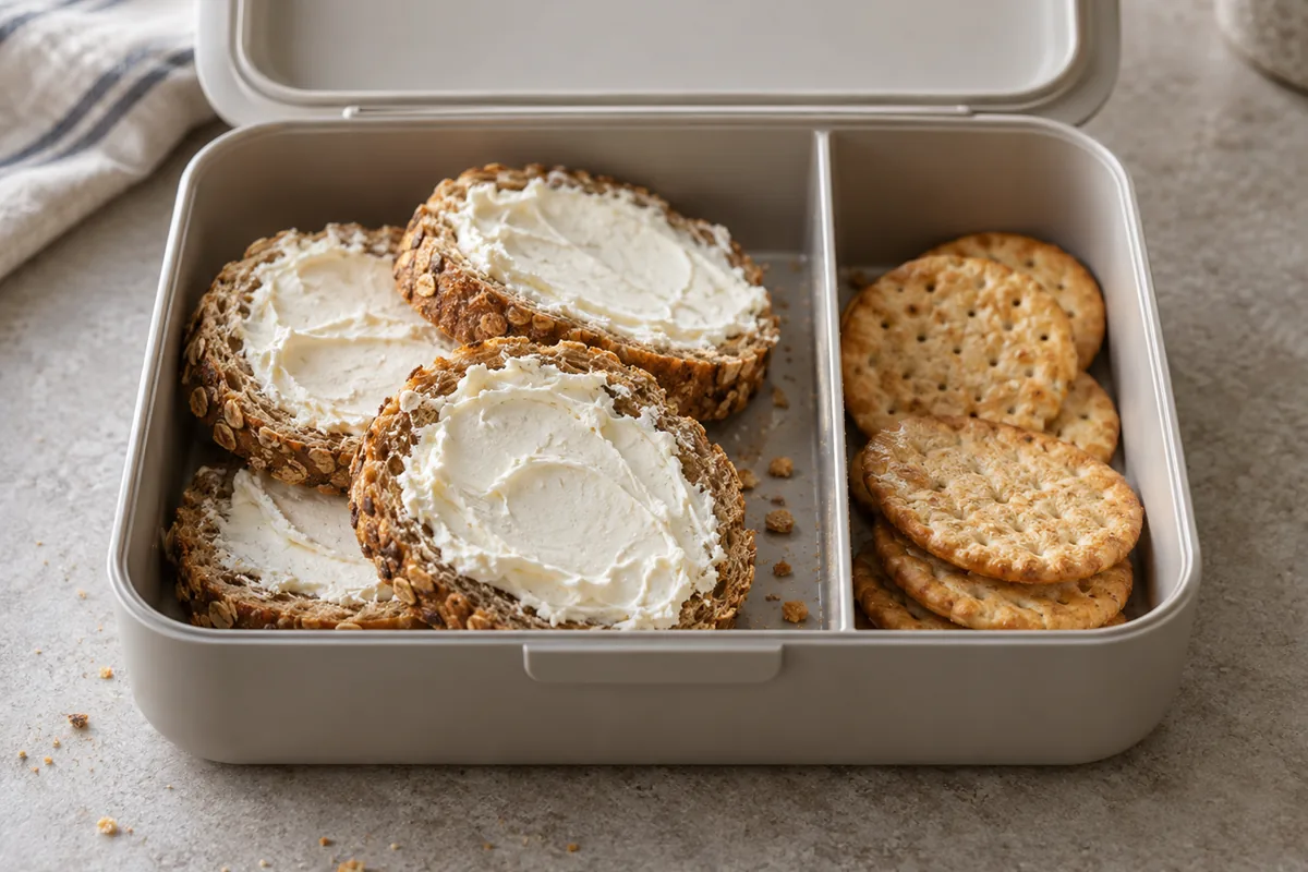 Bread slices spread with smooth white cheese beside crackers in a lunchbox - Kiri | KnowTheCheese