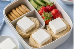 Cream cheese portions with bread crackers cucumber and strawberries - Kiri | KnowTheCheese