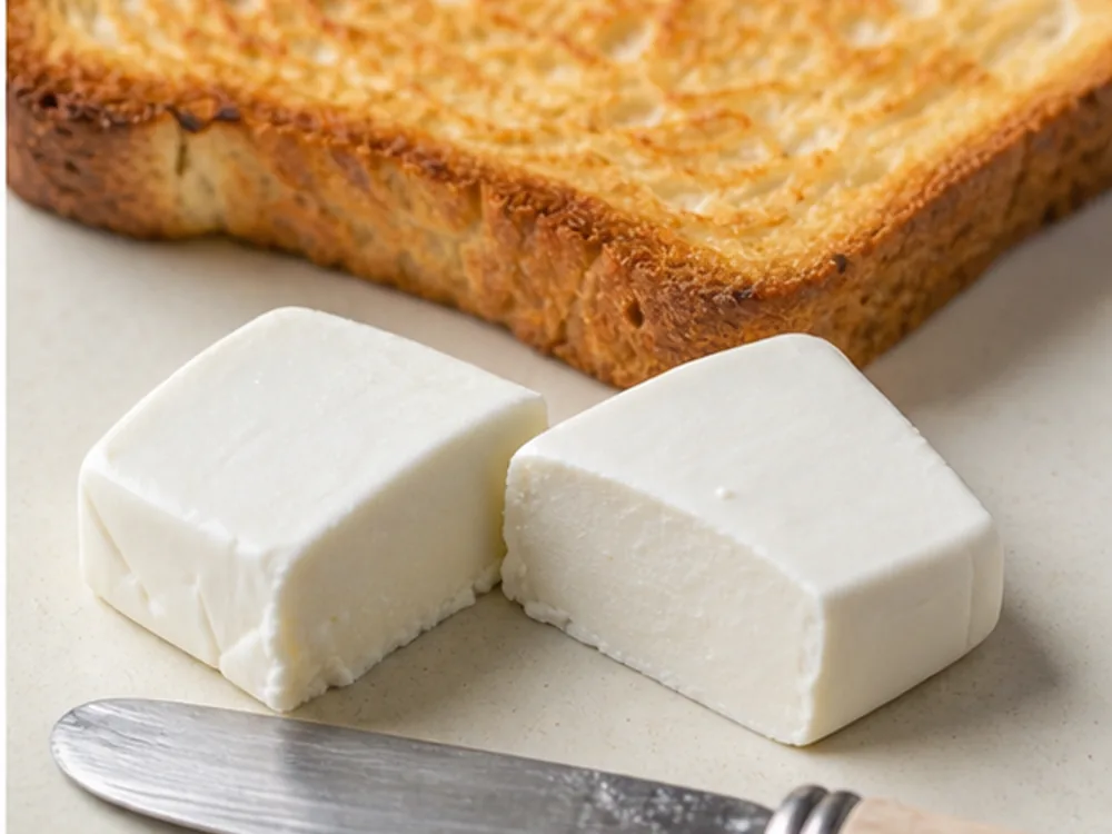 Small smooth cream cheese portion cut open beside toast - Kiri | KnowTheCheese