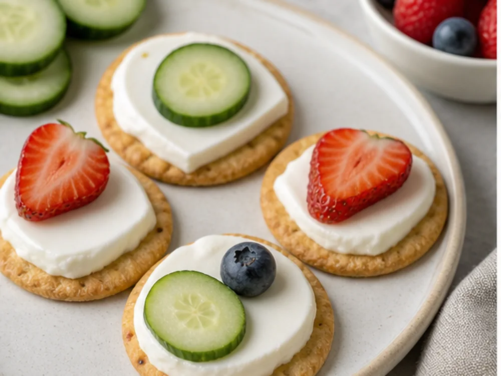 Cream cheese portions spread on crackers with cucumber and berries - Kiri | KnowTheCheese