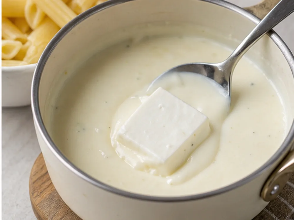 Small cream cheese portion melting into a pale sauce beside pasta - Kiri | KnowTheCheese