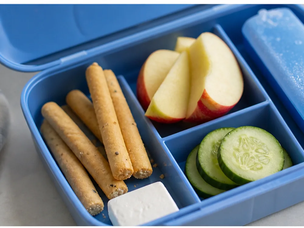 Lunchbox with cream cheese portion bread sticks apple and cucumber - Kiri | KnowTheCheese