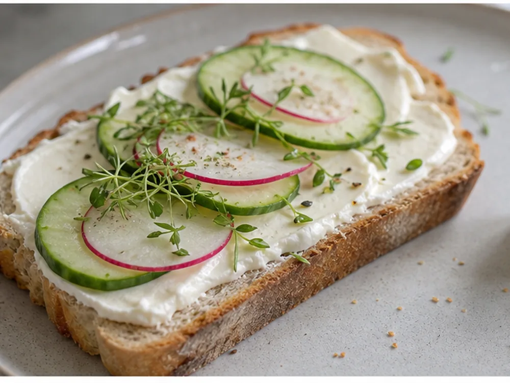 Warm toast with thin cream cheese layer herbs and crisp vegetables - Kiri | KnowTheCheese
