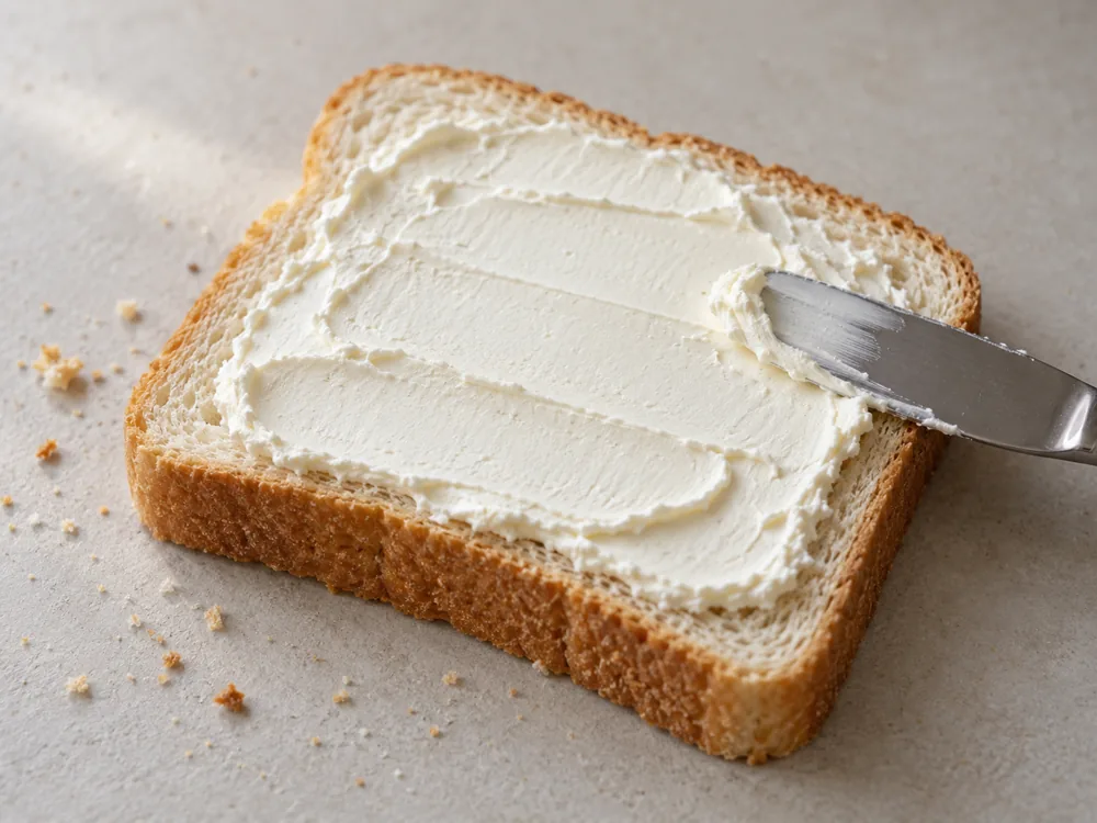 Smooth white cheese spread on a slice of bread with a knife - Kiri | KnowTheCheese