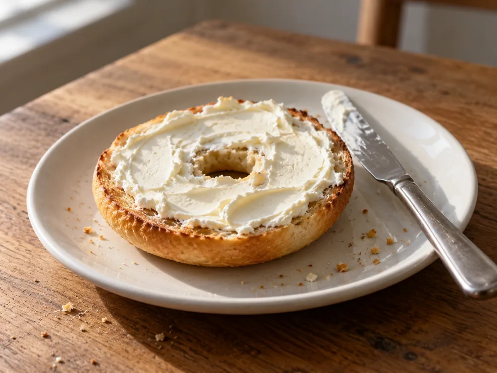 Toasted bagel half spread with smooth white cheese beside a knife - Kiri | KnowTheCheese