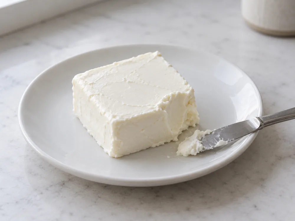 Square portion of smooth white cheese on a plate with a knife - Kiri | KnowTheCheese