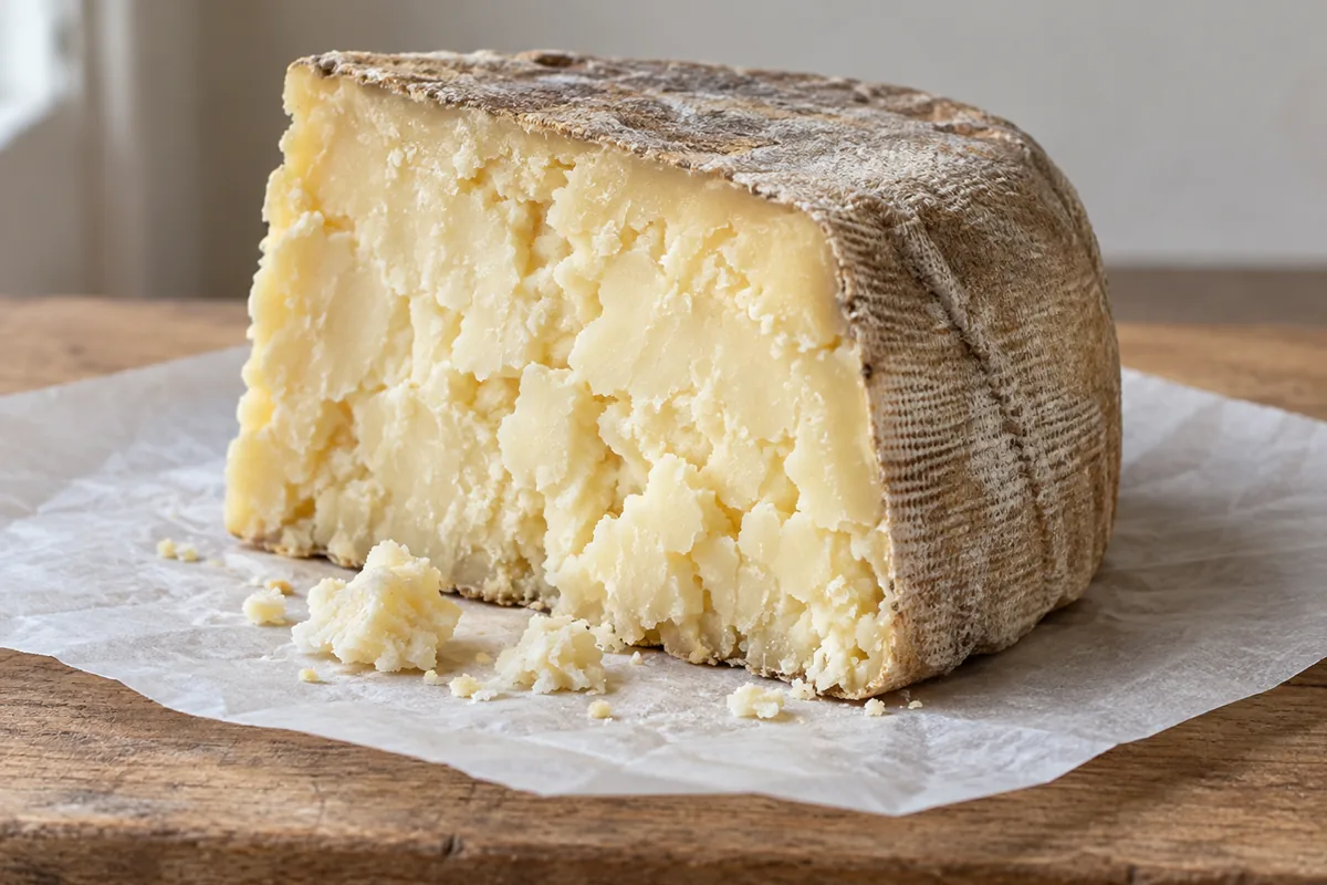Cut wedge of crumbly farmhouse Lancashire with a cloth-bound rind on paper - Kirkham's Lancashire | KnowTheCheese
