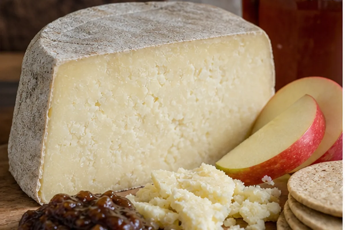Crumbly farmhouse Lancashire wedge with apple chutney oatcakes and ale - Kirkham's Lancashire | KnowTheCheese
