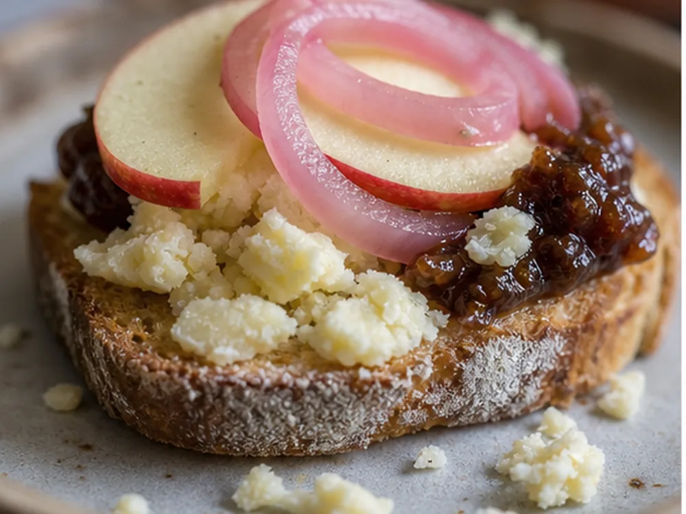 Crumbly Lancashire cheese on toast with chutney apple and pickled onion - Kirkham's Lancashire | KnowTheCheese