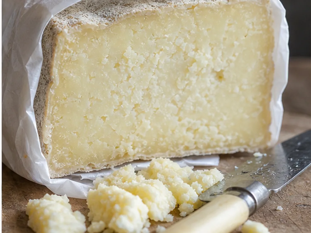 Cut wedge of farmhouse Lancashire with rind and tasting crumbs - Kirkham's Lancashire | KnowTheCheese