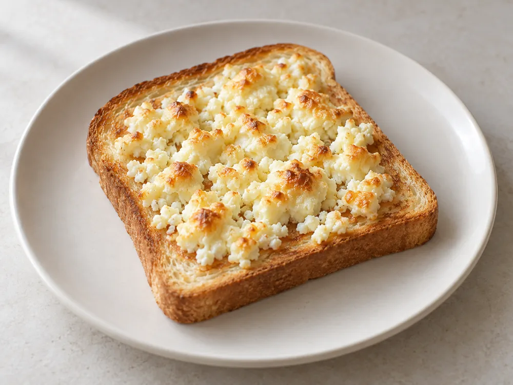 Toast topped with crumbled cheese grilled until puffed and blistered - Kirkham's Lancashire | KnowTheCheese